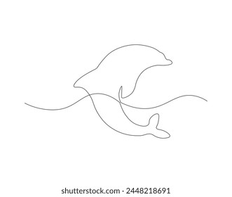Dibujo en línea continua de delfín. Una línea de delfín. Concepto animal marino arte de línea continua. Esquema editable.

