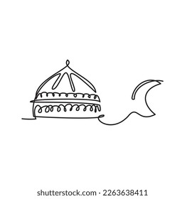 Continuous line drawing of dome and crescent moon editable. Ramadan line iconic. Vector illustration of dome and crescent moon for icon, symbol, logo ramadan, eid, hajj, umrah. Ramadan symbol vector.