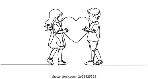 Continuous Line Drawing of Donation Icon. Hand Drawn Symbol Vector Illustration, children holding love shape continuous one line drawing