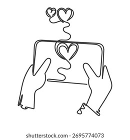Dibujo de línea continua Doodle Mano que sostiene el teléfono que muestra el amor del corazón 