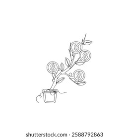 continuous line drawing doodle plant with dollar coin sign