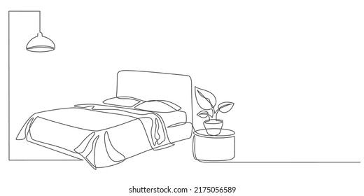Continuous line drawing of double bed with chandelier and table. Modern loft furniture for the bedroom in a minimalist single-line style. vector illustration in doodle style