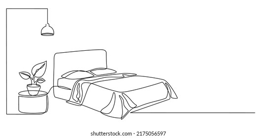 Continuous line drawing of double bed with chandelier and table. Modern loft furniture for the bedroom in a minimalist single-line style. vector illustration in doodle style