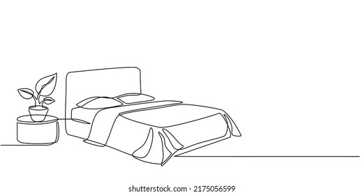 Continuous line drawing of double bed with table and houseplants. Modern loft furniture for the bedroom in a minimalist single-line style. vector illustration in doodle style - Shutterstock ID 2175056599