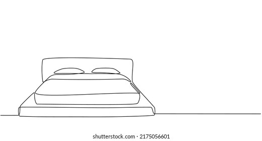 Continuous line drawing of a double bed with pillows and blankets. Modern loft furniture for the bedroom in a minimalist single-line style. vector illustration