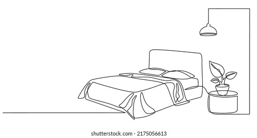 Continuous line drawing of double bed with chandelier and table. Modern loft furniture for the bedroom in a minimalist single-line style. vector illustration in doodle style