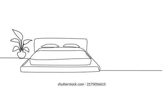 Continuous line drawing of double bed with table and houseplants. Modern loft furniture for the bedroom in a minimalist single-line style. vector illustration in doodle style