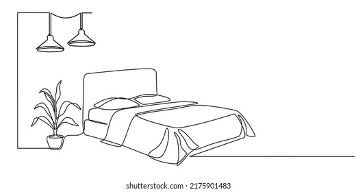 Continuous line drawing of double bed with chandelier and table. Modern loft furniture for the bedroom in a minimalist single-line style. vector illustration in doodle style