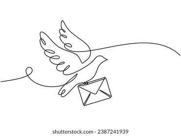 Continuous line drawing. Dove bird with letter envelope. Message symbol postcard concept. Vector illustration isolated. Minimalist design handdrawn.
