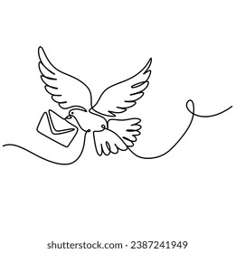 Dibujo continuo de líneas. Paloma con sobre de carta. Concepto de postal del símbolo del mensaje. Ilustración vectorial aislada. Diseño minimalista a mano.