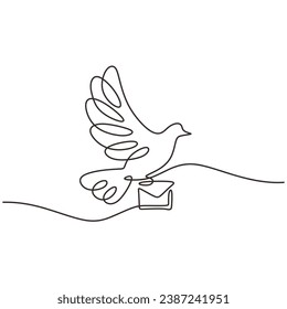 Continuous line drawing. Dove bird with letter envelope. Message symbol postcard concept. Vector illustration isolated. Minimalist design handdrawn.