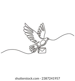 Continuous line drawing. Dove bird with letter envelope. Message symbol postcard concept. Vector illustration isolated. Minimalist design handdrawn.