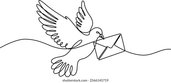 Continuous line drawing. Dove bird with letter envelope. Message symbol postcard concept. Vector illustration isolated. Minimalist design handdrawn.