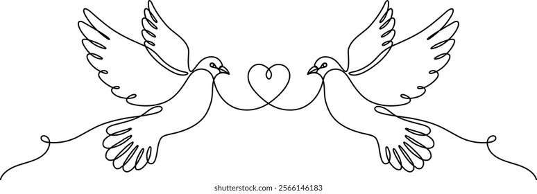 Continuous line drawing. Dove bird with heart. Heart symbol concept. Vector illustration isolated. Minimalist design handdrawn.