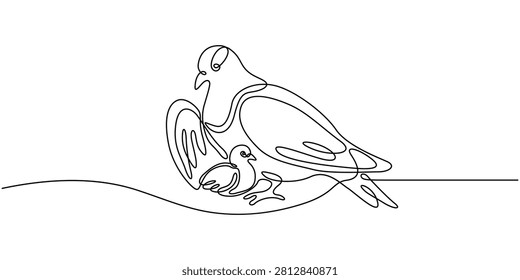 Continuous Line Drawing Dove Bird with Baby Nestling Concept