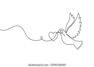 Continuous line drawing of a dove carrying a heart, symbolizing peace and love.