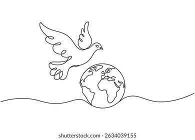 Continuous Line Drawing of Dove Holding Earth Globe Vector