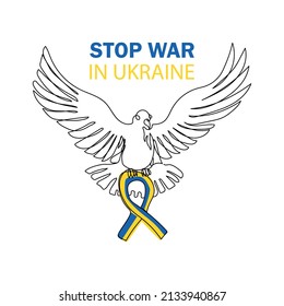 Continuous line drawing of a dove with a ribbon in the colors of the Ukrainian flag. Stop the war in Ukraine. A symbol of peace. Vector illustration isolated on white background. 