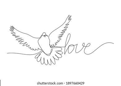 Continuous line drawing of dove symbol of love and piece. Single one line art of letter love and pigeon. vector illustration