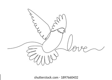 Continuous line drawing of dove symbol of love and piece. Single one line art of letter love and pigeon. vector illustration