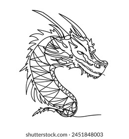 Continuous line drawing dragon. A dragon head with a long tail and neck, showcasing its majestic features and mythical allure.