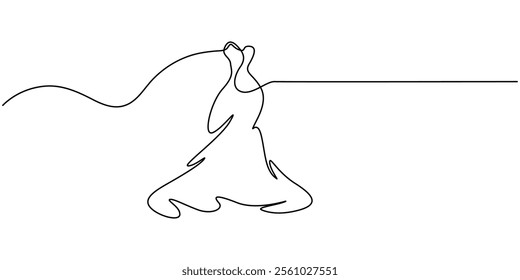 Continuous line drawing of a dress on a hanger. Minimalist illustration for beauty and fashion, Beautiful woman in long flowing dress in continuous line art drawing style. dress sketch, one continuous