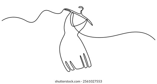 Continuous line drawing of a dress on a hanger. Minimalist illustration for beauty and fashion, Beautiful woman in long flowing dress in continuous line art drawing style. dress sketch, one continuous