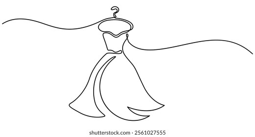 Continuous line drawing of a dress on a hanger. Minimalist illustration for beauty and fashion, Beautiful woman in long flowing dress in continuous line art drawing style. dress sketch, one continuous