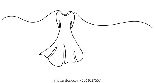 Continuous line drawing of a dress on a hanger. Minimalist illustration for beauty and fashion, Beautiful woman in long flowing dress in continuous line art drawing style. dress sketch, one continuous