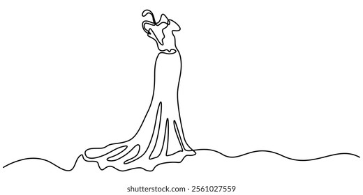 Continuous line drawing of a dress on a hanger. Minimalist illustration for beauty and fashion, Beautiful woman in long flowing dress in continuous line art drawing style. dress sketch, one continuous