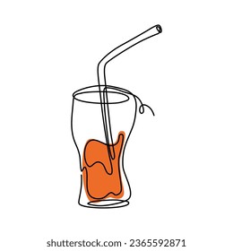 Continuous line drawing of drink in glass with cocktail straw.  Glass of red drink in simple linear style. Vector illustration.