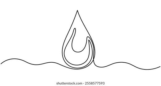 Continuous line drawing of drop. Water drop line icon. One line drawing background. Vector illustration. Water drop Continuous line icon, Water drops are continuously drawn on an isolated white.