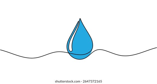 Continuous line drawing of drop. A drop of water or other liquid. One line drawing background. Vector illustration. Editable stroke