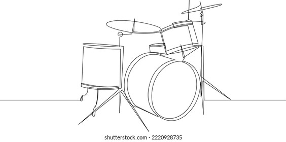 Continuous line drawing of drum instrument. Drum set minimalist line design. Vector illustration.