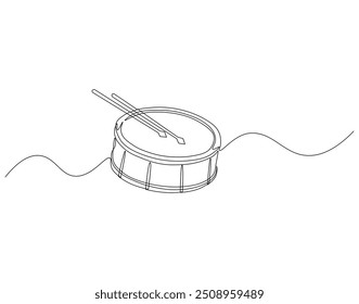 Desenho de linha contínua de tambor e baquetas. Ilustração de linha única de tambor e baquetas. Conceito de dia de bateria nacional. Estrutura de tópicos editável

