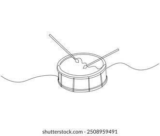 Desenho de linha contínua de tambor e baquetas. Ilustração de linha única de tambor e baquetas. Conceito de dia de bateria nacional. Estrutura de tópicos editável
