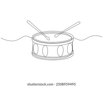 Continuous line drawing of drum and sticks. Single line illustration of drum and sticks. National drumming day concept. Editable outline
