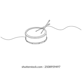 Continuous line drawing of drum and sticks. Single line illustration of drum and sticks. National drumming day concept. Editable outline

