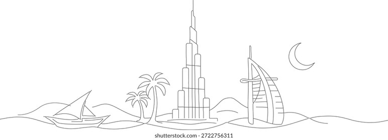 Continuous line drawing of Dubai on white background