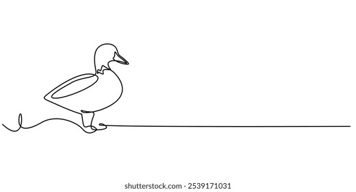 continuous line drawing of a duck.one line drawing of a duck on the edge of a swamp.single line vector illustration.isolated white background