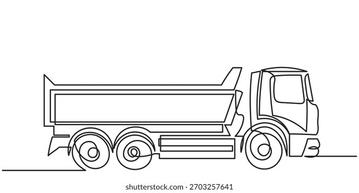 continuous line drawing of a dump truck, showing a side view with its large cargo bed, sturdy wheels, and clean, minimal outlines.A simple line-art Big dump truck vector illustration.