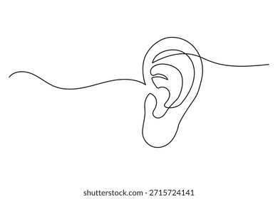Continuous line drawing of ear with wavy sound line. Abstract representation of sound waves and active listening.