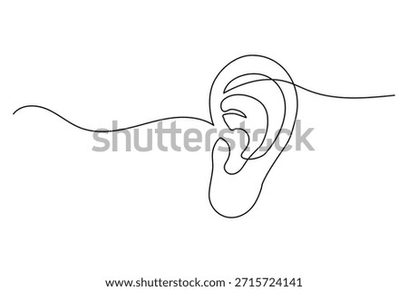 Continuous line drawing of ear with wavy sound line. Abstract representation of sound waves and active listening.