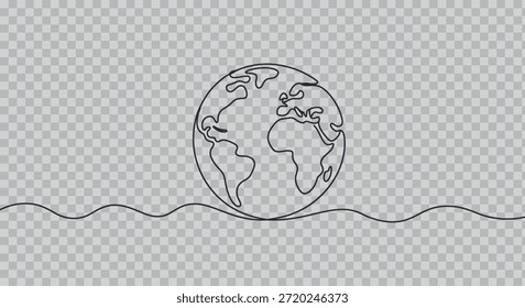 Dibujo continuo de la línea de la tierra con continentes y océanos que descansan en una línea que fluye