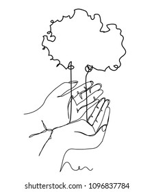 continuous line drawing of Earth Day concept: Human hands holding tree nature vector illustration.