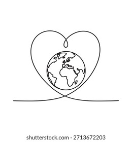 Un dibujo de línea continua de la tierra abrazada por una amorosa forma de corazón