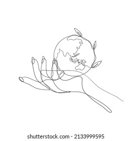 continuous line drawing earth globe and plant symbol for save earth illustration