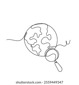 continuous line drawing earth globe with magnifying glass