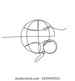 continuous line drawing earth globe with magnifying glass