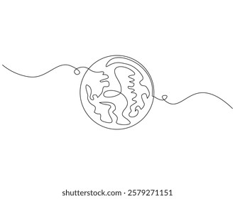 Continuous line drawing of earth planet. Single line illustration of world. Globe, geography vector outline. Editable outline